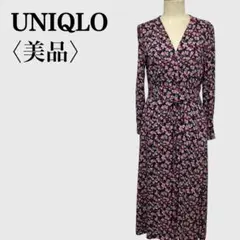 ユニクロ 小花柄 VネックロングフレアワンピースL 長袖 ウエストリボン 美品