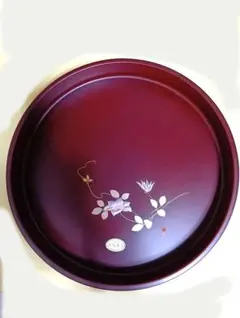 赤色 合成漆器 円形盆 花模様