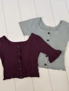 グレイル　リブ編み ボタン付き 半袖トップス 2色セット