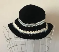 手作りバケットハット 黒 白 ストライプ　メンズ