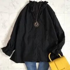 美品 23区 コットン リネン フリル ブラウス ブラック 38 ゆったり