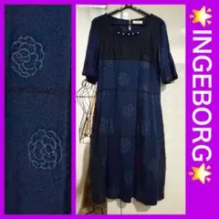 ★超美品★INGEBORG★高級感のある、カメリア柄の濃紺おしゃれワンピース