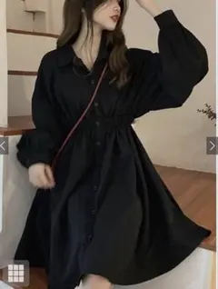 ブラックワンピース長袖 ウエストゴム