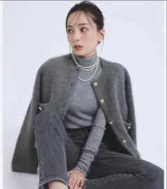 【値下げ不可】anuans ラクーンブレンドノーカラーニットジャケット　グレー