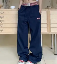 MEMECLE チェック レイヤード ワイドパンツ ネイビー　カーゴパンツ