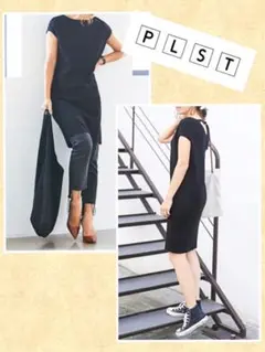 新品未使用☆PLSTハイツイストレーヨンナイロンバックディテールニットワンピース