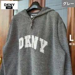 【DKNY】 ボアフリース/プルオーバーパーカー/ビッグロゴ/グレー/L相当