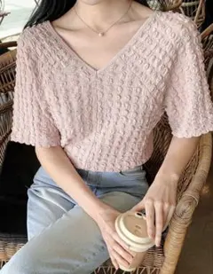DAZY レディース プリーツ テクスチャー 半袖Tシャツ　Lサイズのサムネイル