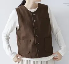 【美品】アトリエナルセ フラックス綿麻ギャバジン ベスト ブラウン