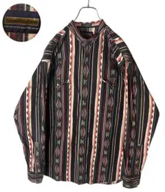 ネイティブ柄×マルチカラーストライプ ノーカラーウエスタンシャツゆったりサイズ