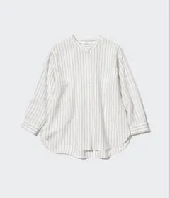 【美品】ユニクロ ストライプ 7分袖シャツ バンドカラー Mサイズ