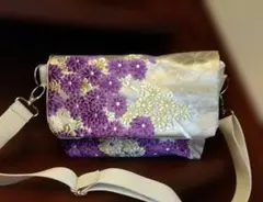 ハンドメイド　帯リメイク　花柄刺繍　ショルダーバッグ　ポシェット　パープル