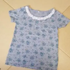 ✿グレー色青い花柄Tシャツ✿ ①-4-フ