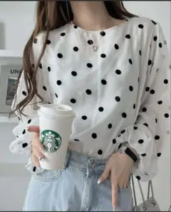 オーガンジーフロッキードット ボリュームスリーブラウス