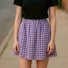 美品 ケティ フレアスカート Lサイズ 紫 チェック柄 ゴムウエスト 軽量素材