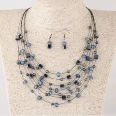 青・グレー系ビーズの多層ネックレスとピアスセット