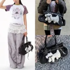 ROMWE Grunge Punk 黒ドットリボン犬 大容量ジップショルダー