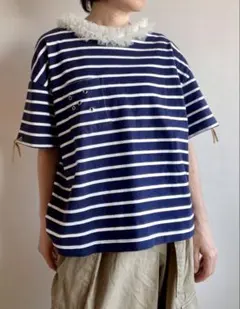 チュール襟付き リメイクボーダーTシャツ ハトメ装飾のサムネイル
