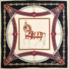 CELINE　ヴィンテージハンカチ　白馬　派手柄　濃紺　ハンカチ　透かし織り