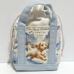 パールブルーと犬　ミニ巾着トートポーチ　ハンドメイド