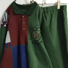 90s古着 襟付きニットスウェット セットアップ 刺繍 ハーフボタン 緑 日本製