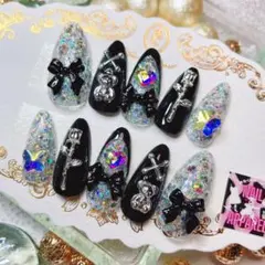 ￥1700＊オーロラスパークル＊ネイルチップ 地雷系 量産系 付け爪 リボン 黒