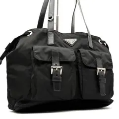 極美品 プラダ トートバッグ 三角ロゴ 白タグ A4 肩掛け可　Wポケット 黒