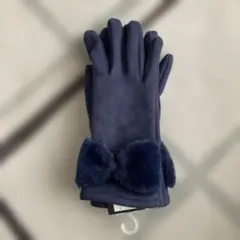 手袋　ネイビー ファーリボン付き　レディース