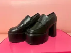 黒 チャンキーヒール プラットフォームローファー S 厚底 細見え