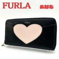 FURLA フルラ 長財布 ラウンドファスナー ハートモチーフ ゴールド金具 黒