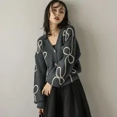 AMELY グレー リボンライン ニットカーディガン