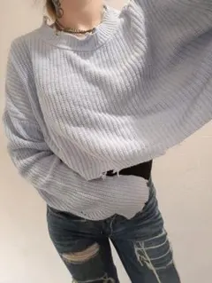 repipi armario ライトブルー 短丈 ダメージニット 長袖