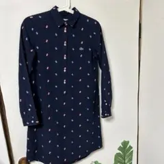 Lacoste ネイビー柄 長袖ポロシャツワンピース