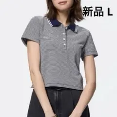 新品 GU ラインボーダーポロシャツ(半袖) L ネイビー 1点のサムネイル