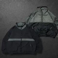 90s企業ロゴナイロンジャケット2XLテック系リバーシブルブラックグレー短丈