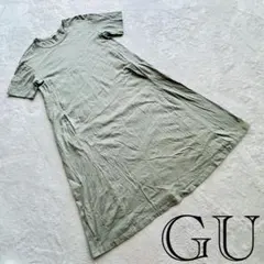 GU 【M】コットンワンピース 半袖 Aライン カーキ カジュアル