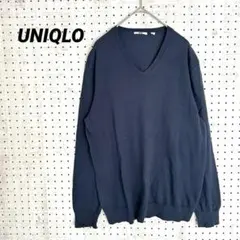 ユニクロ Vネック ニット セーター 長袖（M）ベーシック コットン混 ネイビー
