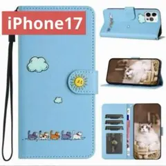 手帳型スマホケースiPhone17iPhoneケース（ネコのお散歩/ブルーi73