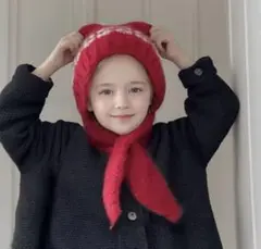 キッズ帽子耳当て付きニットビーニーセット ネックウォーマーサーマルキャップ