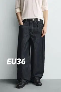 ZARA バルーンフィットジーンズジッパー 38 新品 ブラック リジット 