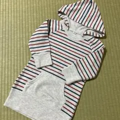 フード付　トレーナー　チュニック　グレー　赤紺ボーダー　90　前ポケット　裏起毛