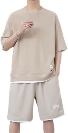 メンズ　セットアップ　夏服　ベージュ　2XLサイズ　ルームウェア