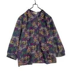 ヴィンテージ 柄シャツ 長袖 紫 昭和レトロ 総柄ブラウス 七分袖 L
