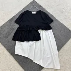 ✨デザインバイダルゴナ【F】黒×白 アシンメトリー チュニックブラウス フリル
