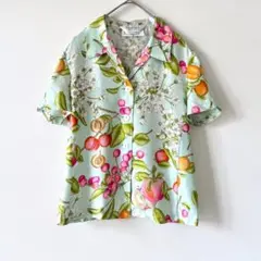 シルク100%】MaxMara /フルーツ柄オープンカラーシャツ 総柄 白タグ
