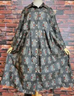 め0140着物リメイク正絹大島紬前開きAライン切替タックワンピースハンドメイド