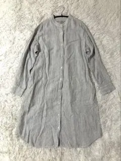 良品 無印良品 ロングシャツワンピース ストライプ リネン100 ノーカラー S