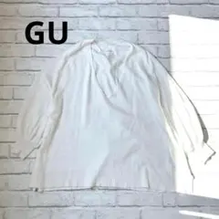 om27 GU：Vネック五分袖ニット　袖リブ　白　S 　薄手
