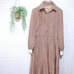 【ロングワンピース】ストライプ ラメ入り 長袖 キャラメル色 秋