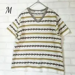 ラナ Ｖネック 半袖 ニット ハイビスカス ボーダー M